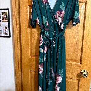 Torrid Green and Pink Floral Midi Faux Wrap Dress